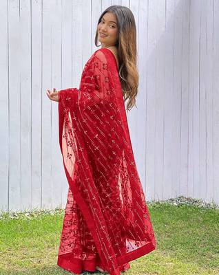 Red net embroidered sequins work heavy look ethnic saree with blouse 2