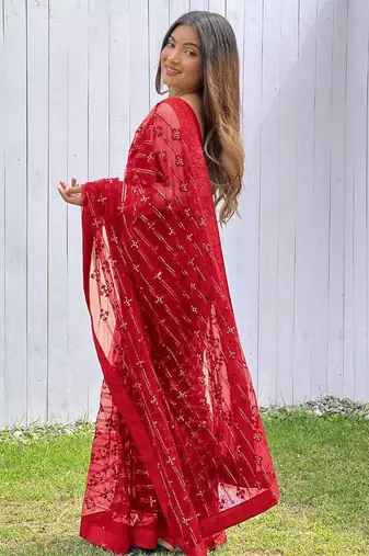 Red net embroidered sequins work heavy look ethnic saree with blouse