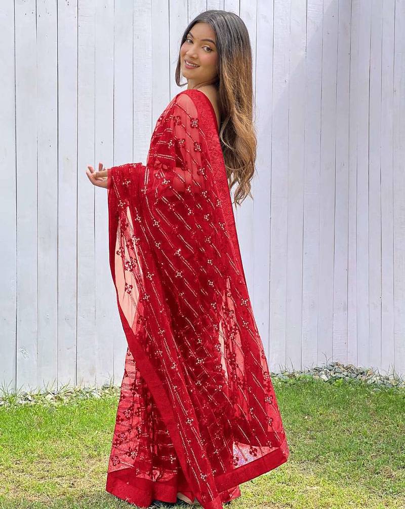 Red net embroidered sequins work heavy look ethnic saree with blouse