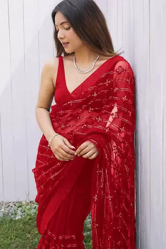 Red net embroidered sequins work heavy look ethnic saree with blouse