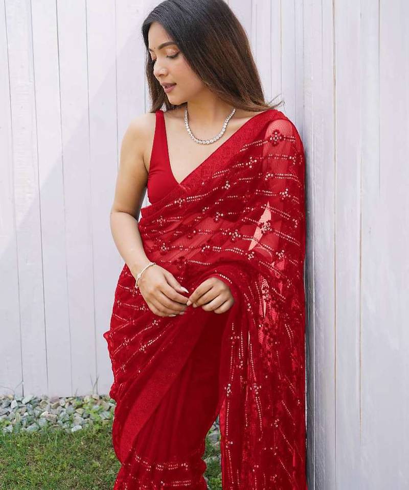 Red net embroidered sequins work heavy look ethnic saree with blouse