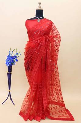 Red net embroidered sequins work heavy look ethnic saree with blouse 4