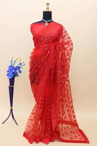 Red net embroidered sequins work heavy look ethnic saree with blouse