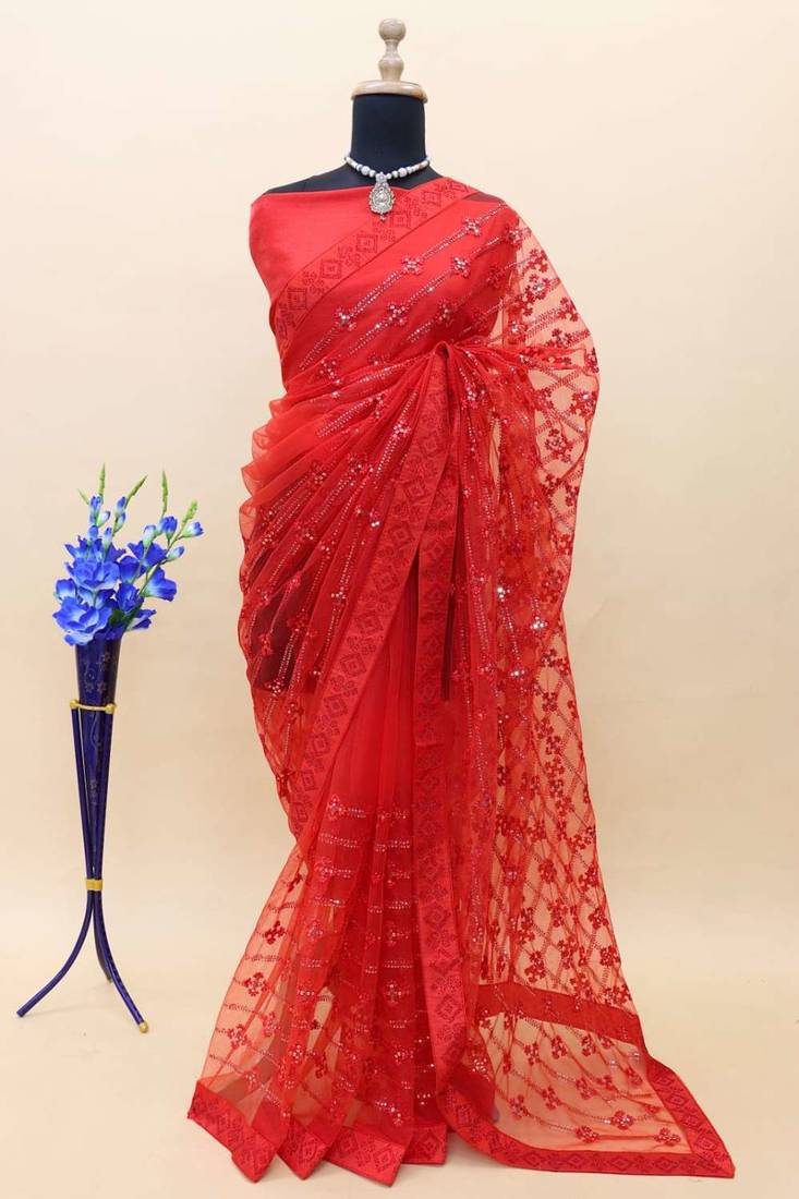 Red net embroidered sequins work heavy look ethnic saree with blouse