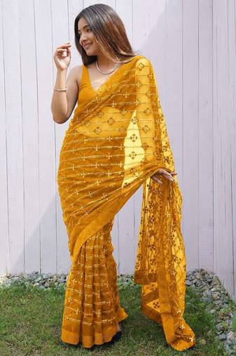 Yellow net embroidered sequins work heavy look ethnic saree with blouse