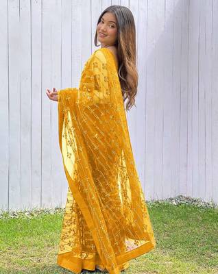 Yellow net embroidered sequins work heavy look ethnic saree with blouse 2