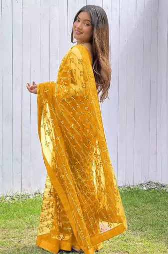 Yellow net embroidered sequins work heavy look ethnic saree with blouse