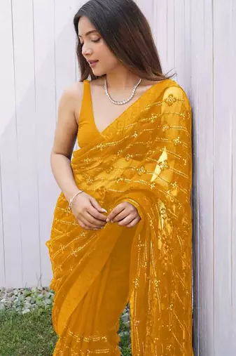 Yellow net embroidered sequins work heavy look ethnic saree with blouse