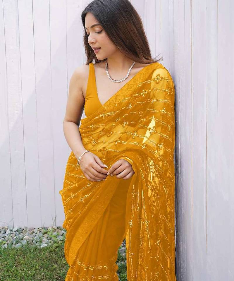 Yellow net embroidered sequins work heavy look ethnic saree with blouse