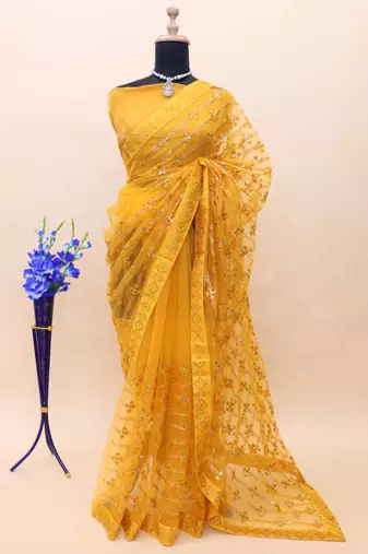 Yellow net embroidered sequins work heavy look ethnic saree with blouse