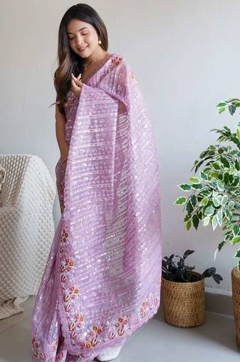 Lavender organza embroidered sequins work heavy look ethnic saree with blouse