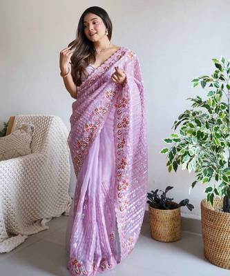 Lavender organza embroidered sequins work heavy look ethnic saree with blouse 2