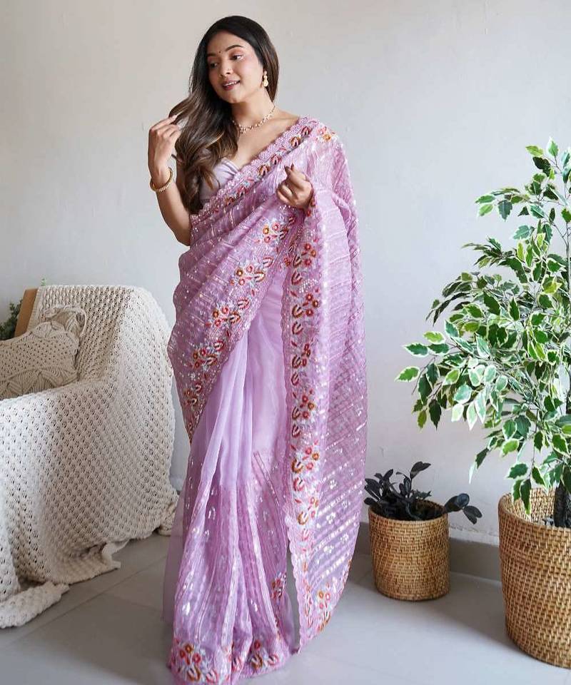 Lavender organza embroidered sequins work heavy look ethnic saree with blouse