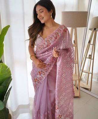 Lavender organza embroidered sequins work heavy look ethnic saree with blouse 3