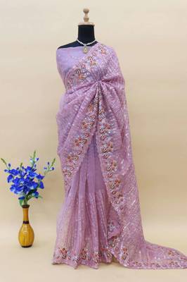 Lavender organza embroidered sequins work heavy look ethnic saree with blouse 4