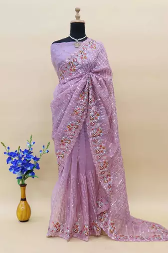 Lavender organza embroidered sequins work heavy look ethnic saree with blouse