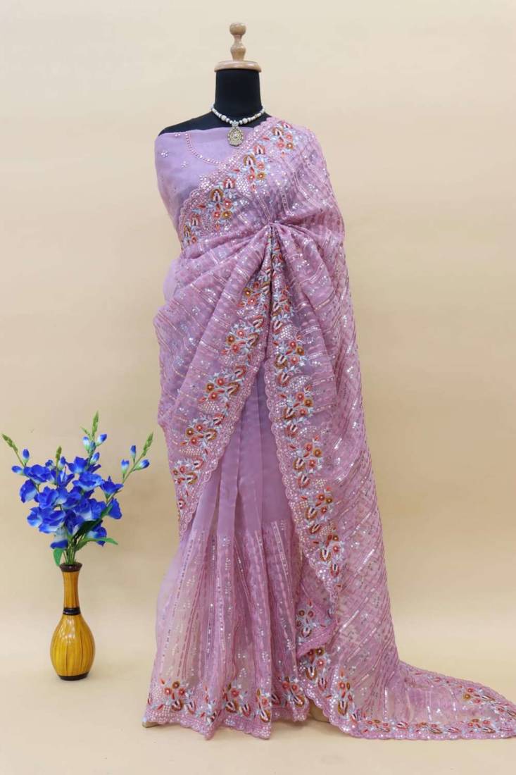 Lavender organza embroidered sequins work heavy look ethnic saree with blouse