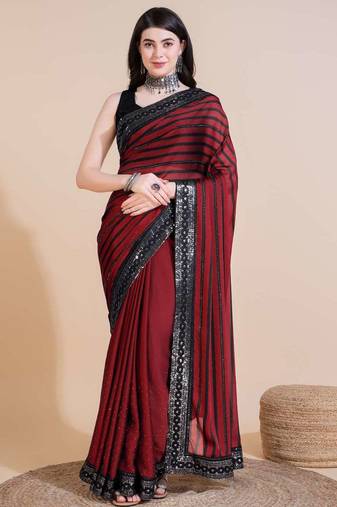 Red silk embroidered sequins work heavy look ethnic saree with blouse