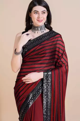 Red silk embroidered sequins work heavy look ethnic saree with blouse