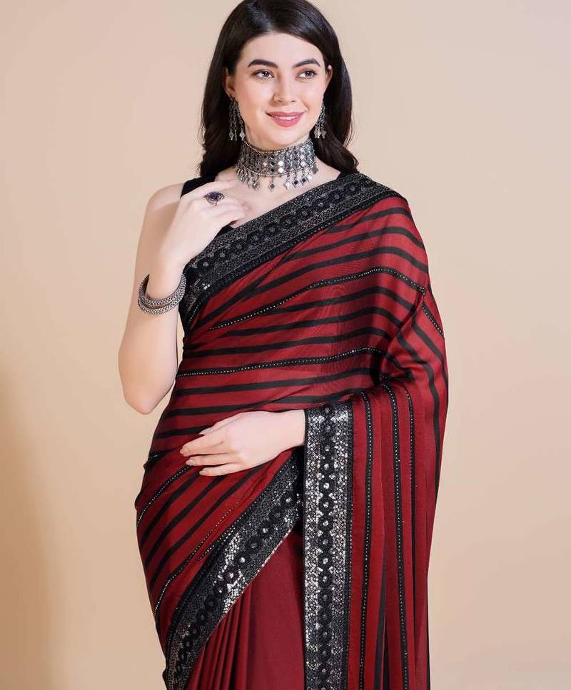 Red silk embroidered sequins work heavy look ethnic saree with blouse