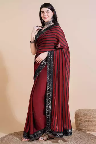 Red silk embroidered sequins work heavy look ethnic saree with blouse