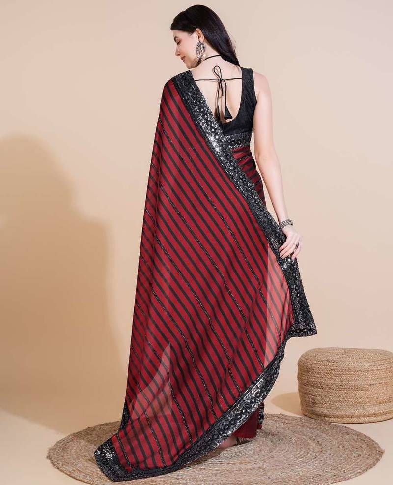 Red silk embroidered sequins work heavy look ethnic saree with blouse