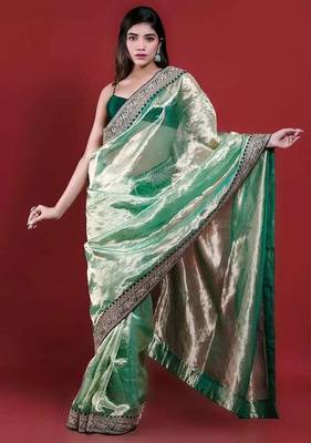 Green tissue embroidered sequins work heavy look ethnic saree with blouse 1