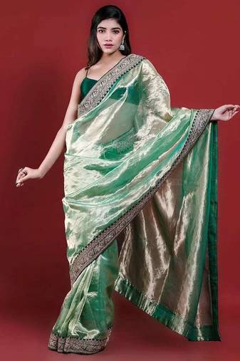 Green tissue embroidered sequins work heavy look ethnic saree with blouse