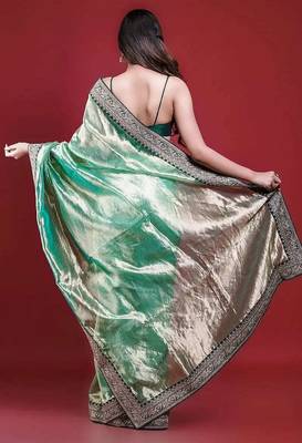 Green tissue embroidered sequins work heavy look ethnic saree with blouse 2