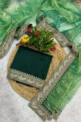 Green tissue embroidered sequins work heavy look ethnic saree with blouse