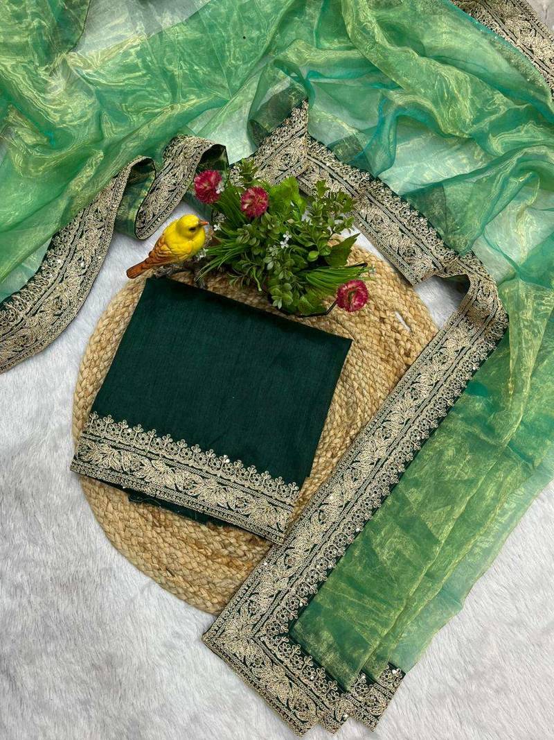 Green tissue embroidered sequins work heavy look ethnic saree with blouse