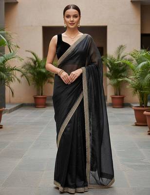 Black net embroidered sequins work heavy look ethnic saree with blouse 1