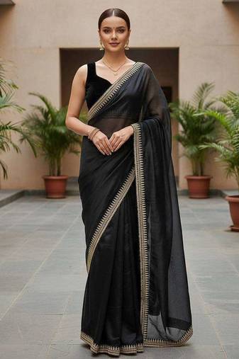 Black net embroidered sequins work heavy look ethnic saree with blouse