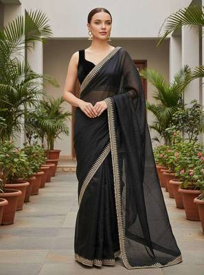 Black net embroidered sequins work heavy look ethnic saree with blouse 4