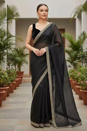 Black net embroidered sequins work heavy look ethnic saree with blouse