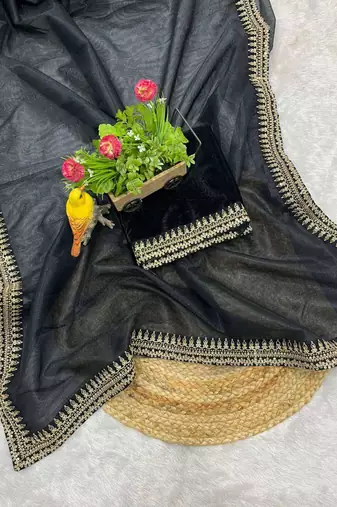 Black net embroidered sequins work heavy look ethnic saree with blouse