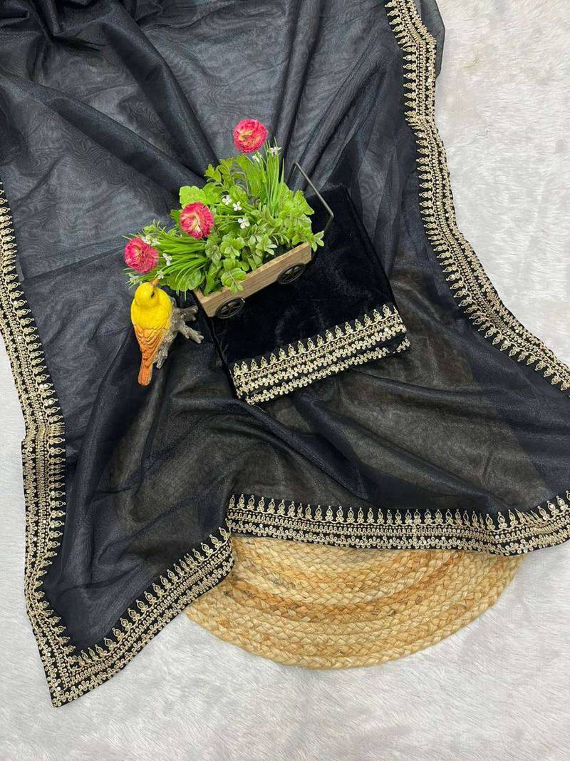 Black net embroidered sequins work heavy look ethnic saree with blouse