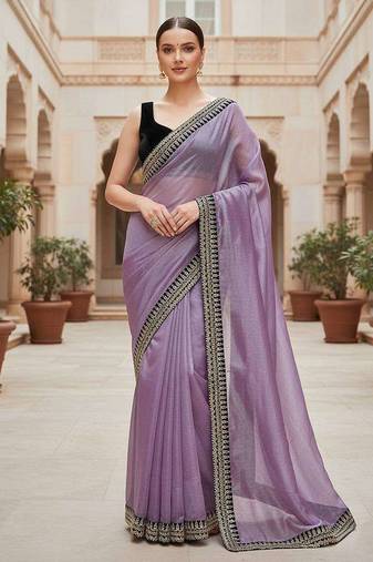 Purple net embroidered sequins work heavy look ethnic saree with blouse