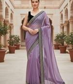 Purple net embroidered sequins work heavy look ethnic saree with blouse