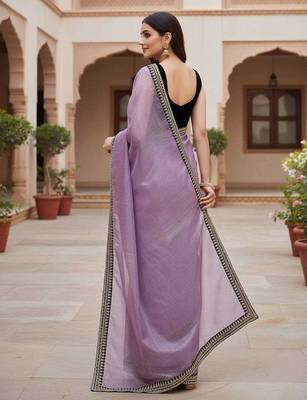 Purple net embroidered sequins work heavy look ethnic saree with blouse 2