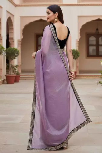 Purple net embroidered sequins work heavy look ethnic saree with blouse