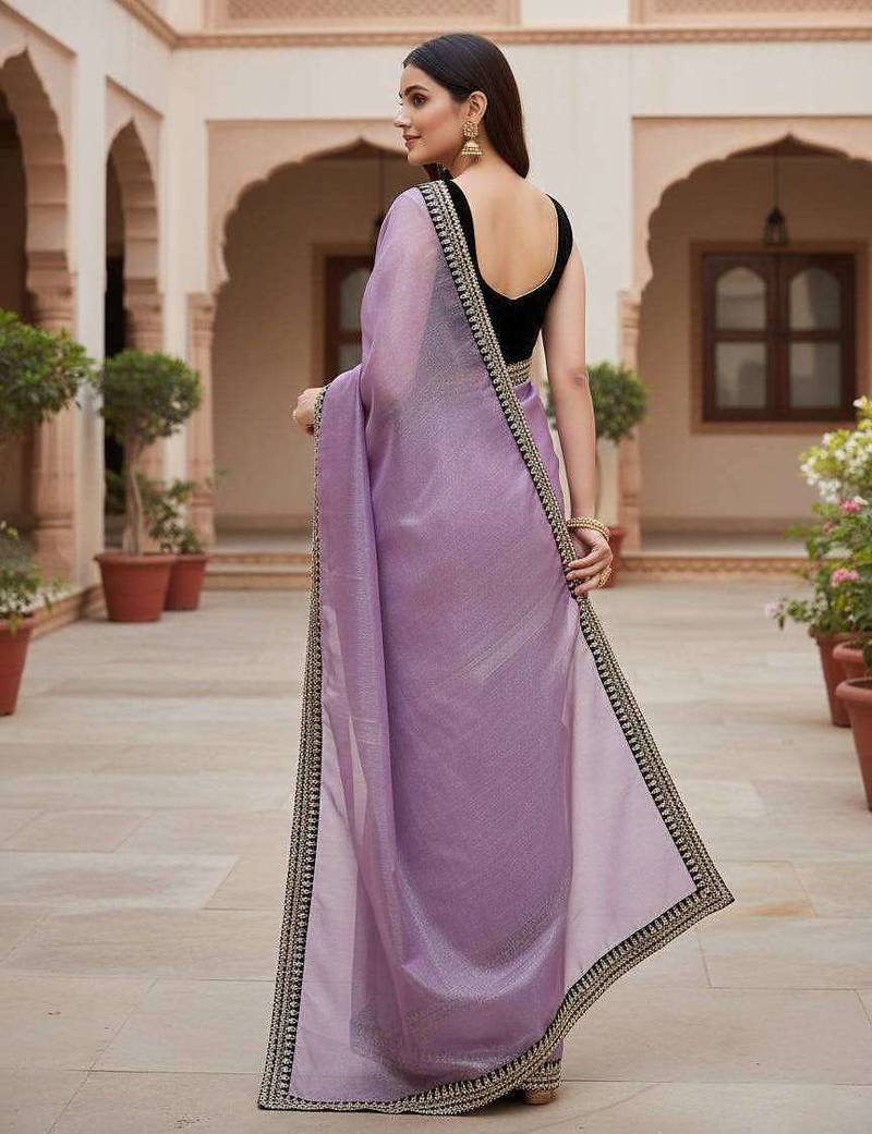 Purple net embroidered sequins work heavy look ethnic saree with blouse