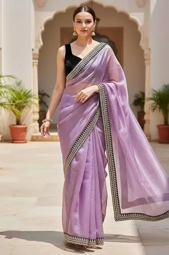 Purple net embroidered sequins work heavy look ethnic saree with blouse