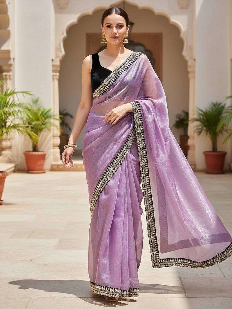 Purple net embroidered sequins work heavy look ethnic saree with blouse