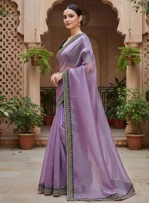 Purple net embroidered sequins work heavy look ethnic saree with blouse 4