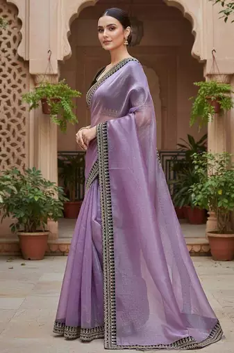 Purple net embroidered sequins work heavy look ethnic saree with blouse
