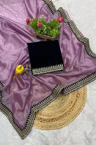 Purple net embroidered sequins work heavy look ethnic saree with blouse
