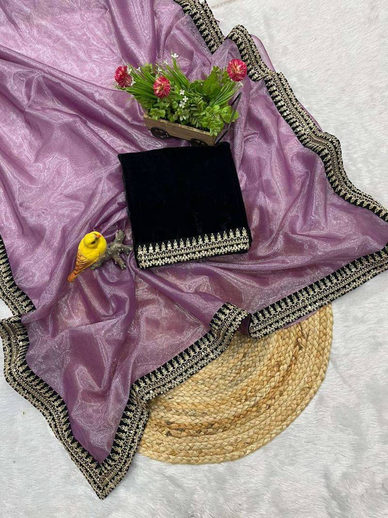 Purple net embroidered sequins work heavy look ethnic saree with blouse