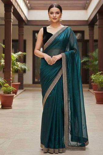 Teal net embroidered sequins work heavy look ethnic saree with blouse