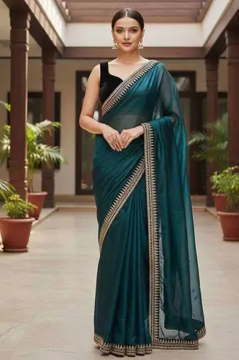 Teal net embroidered sequins work heavy look ethnic saree with blouse